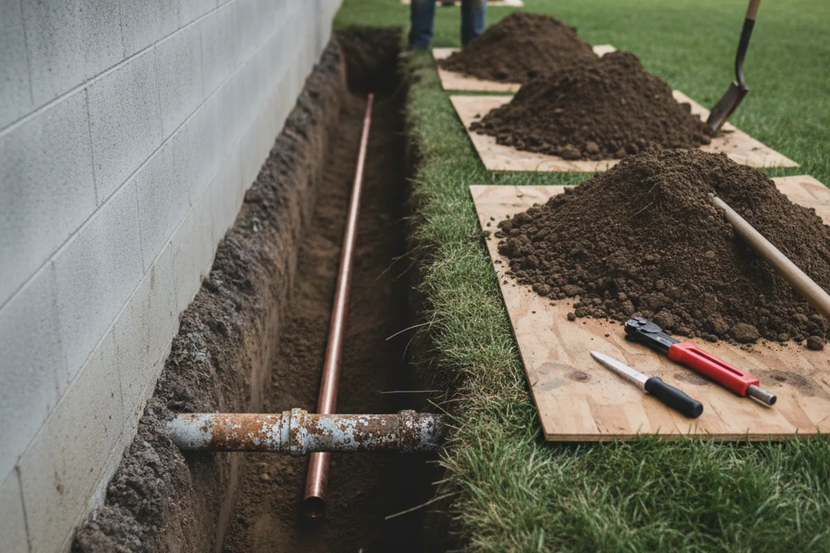 Excavated water line trench during Sewer Line Repair in Lewisville